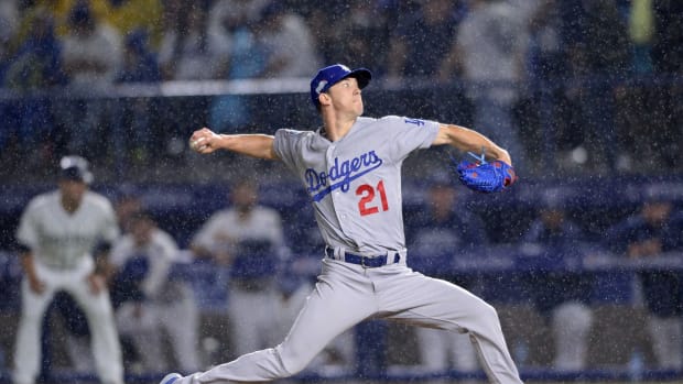 May 4, 2018; Monterrey, Nuevo Leon, Mexico; Los Angeles Dodgers starting pitcher Walker Buehler (21) throws a pitch to a San Diego Padres batter during the first inning at Estadio de Beisbol Monterrey. Mandatory Credit: Orlando Ramirez-USA TODAY Sports